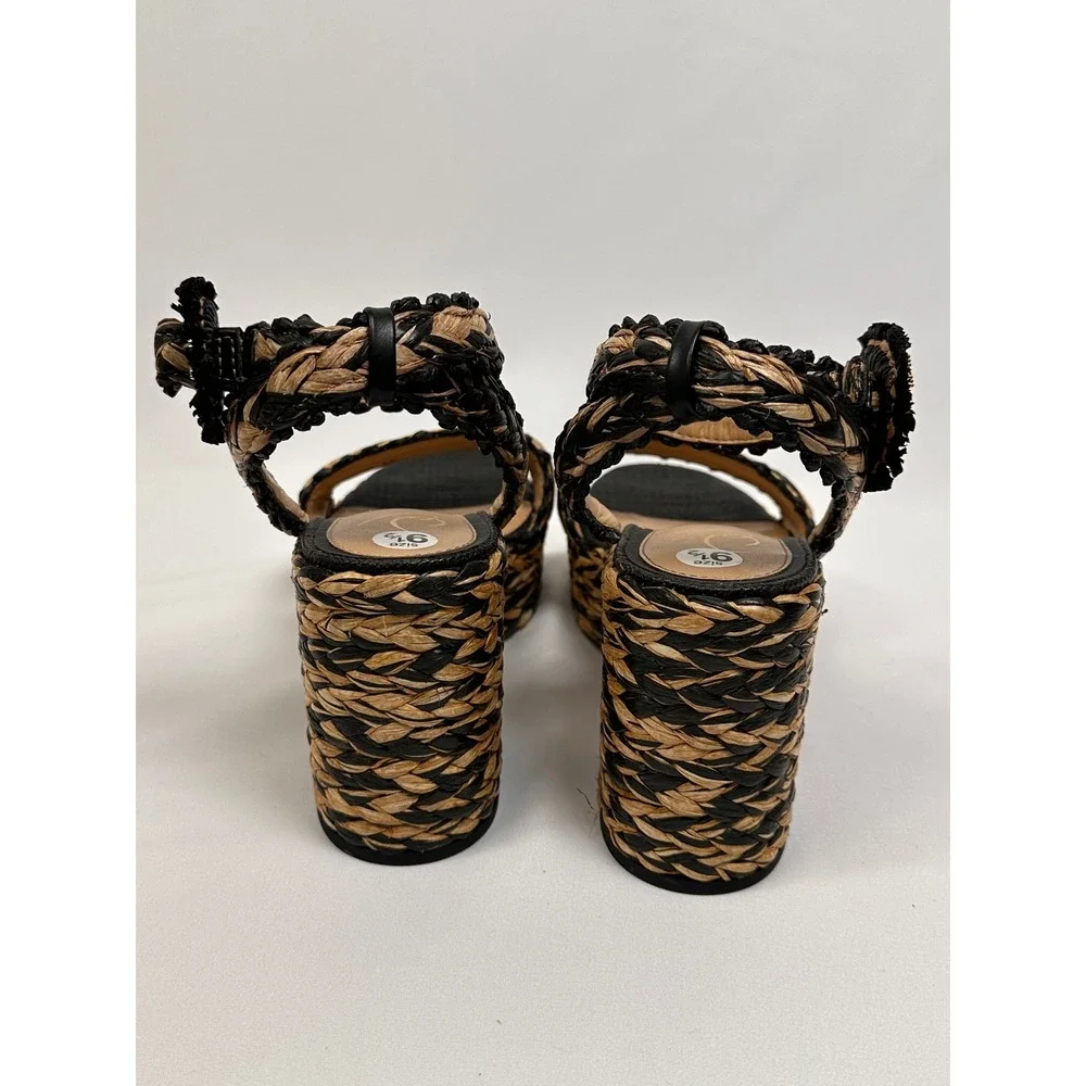 Sam Edelman Iliana Raffia‎ Platform Sandals 9.5 Black Natural Woven Ankle Strap